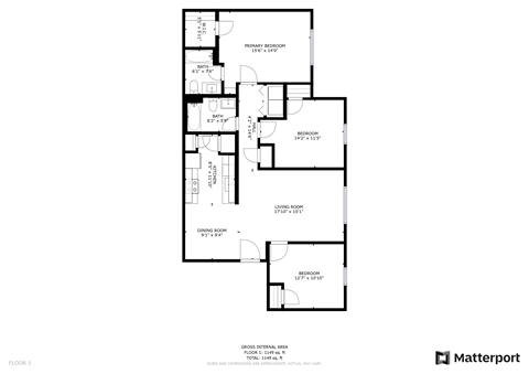 Floor plan for 3 beds, 2 baths, 1190 sqft